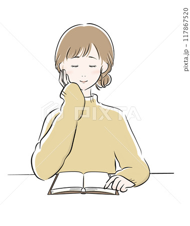 読書 女性 主線黒 黄色ニット 117867520