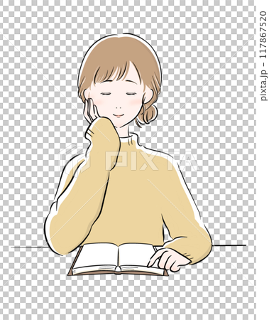 読書 女性 主線黒 黄色ニット 117867520