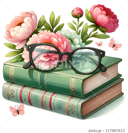3D stack of books with glasses and flowers  3D stack of books with glasses and flowers  117867613