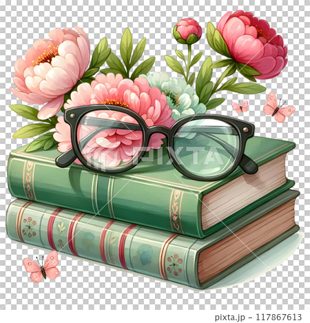 3D stack of books with glasses and flowers  3D stack of books with glasses and flowers  117867613