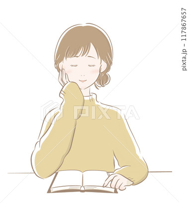 読書 女性 主線茶色 黄色ニット 読書 女性 主線茶色 黄色ニット 117867657