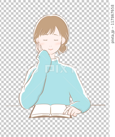 読書 女性 主線茶色 水色ニット 読書 女性 主線茶色 水色ニット 117867658