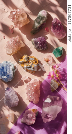 Colorful Gemstone Crystals in Vibrant Light Colorful Gemstone Crystals in Vibrant Light 117867731