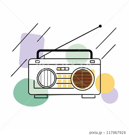 A clean, minimalist vector design of a retro radio. The simple lines and modern color accents make it an ideal choice for design projects that require a vintage touch with a contemporary flair... 117867928