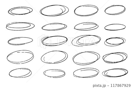 Doodle oval frame. Hand drawn circle pencil sketch. Vector scribble round border Doodle oval frame. Hand drawn circle pencil sketch. Vector scribble round border 117867929