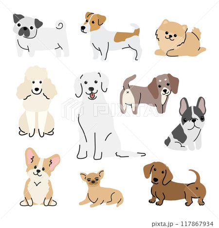 Cute dogs collection. Lovely dog and friendly puppy doodle hand drawn set 117867934