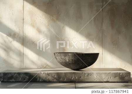 Minimalist Still Life with a Stone Bowl on a Textured Pedestal in Soft Sunlight and Shadow Play. Minimalist Still Life with a Stone Bowl on a Textured Pedestal in Soft Sunlight and Shadow Play. 117867941
