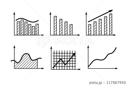 Graph icon set in doodle style. Symbol in simple chart design. Hand drawn vector sketch 117867950