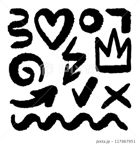 Doodle charcoal graffiti punk and girly shapes. Bold marker brush drawn various elements for templates and collages. Vector set Doodle charcoal graffiti punk and girly shapes. Bold marker brush drawn various elements for templates and collages. Vector set 117867951