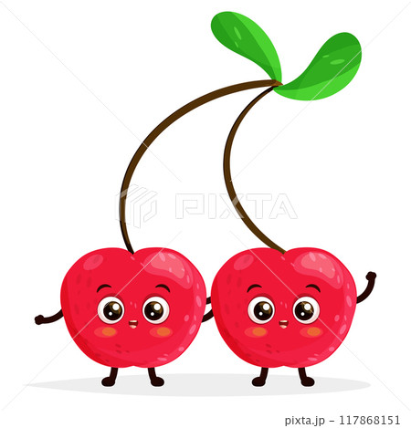 Happy pair of cherries cartoon mascots vector illustration waving hands and smiling isolated on white background. Happy pair of cherries cartoon mascots vector illustration waving hands and smiling isolated on white background. 117868151