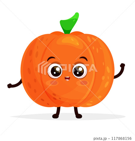 Happy orange pumpkin cartoon mascot vector illustration waving hand and smiling isolated on white background. Happy orange pumpkin cartoon mascot vector illustration waving hand and smiling isolated on white background. 117868156