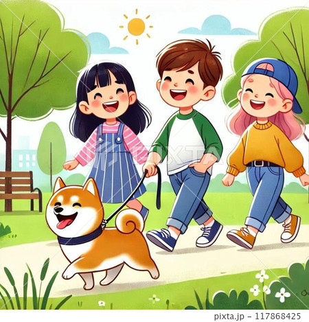 犬と散歩する子供たち 犬と散歩する子供たち 117868425