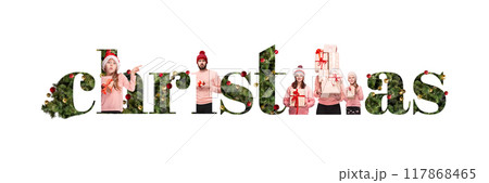 Word Christmas spelled out with festive greenery, each letter made of family preparing for holidays, radiating joy and warmth. Contemporary art collage. 117868465