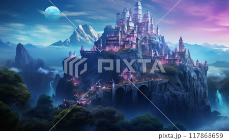 Majestic Mountain Castle Under Twilight Sky with Mystical Glow. 117868659
