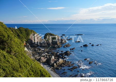 太平洋の青い水平線を背景に断崖から突き出た白亜の叶岬灯台と荒磯の風景　Ver2 117868716
