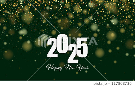Festive background of gold dust and bokeh on a green background. New Year s card 2025 Festive background of gold dust and bokeh on a green background. New Year s card 2025 117868736