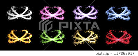 Glowing magic rings set. Neon realistic energy flare rings with sparkling particles. Abstract light effect on a black background. Vector illustration. 117868917