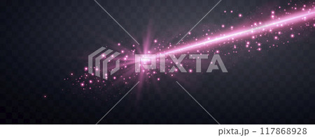 Pink horizontal laser beam. Neon line, presentation pointer. Pink glow flare light effect. Vector illustration. Isolated on dark transparent background. 117868928