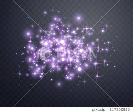Purple luminous points and stardust. Purple glittering dots, particles, stars magic sparks. Glow flare light effect. Vector particles on transparent background. Purple luminous points and stardust. Purple glittering dots, particles, stars magic sparks. Glow flare light effect. Vector particles on transparent background. 117868929