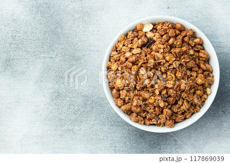 Homemade grain granola . Healthy energy eating . Top view Homemade grain granola . Healthy energy eating . Top view 117869039
