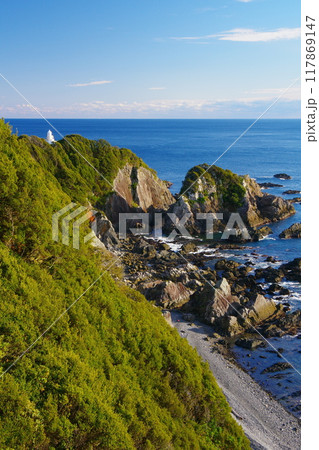 黒潮流れる碧い海原の水平線を背景に西日に輝く叶崎と灯台の風景　Ver4 117869147