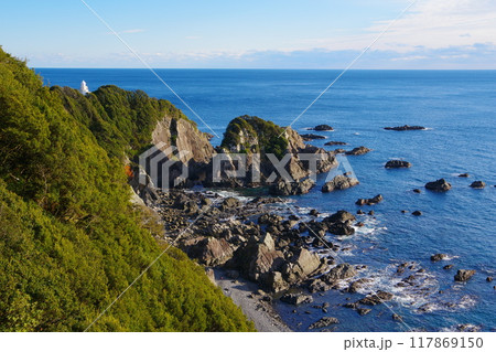 黒潮流れる碧い海原の水平線を背景に西日に輝く叶崎と灯台の風景 Ver1 黒潮流れる碧い海原の水平線を背景に西日に輝く叶崎と灯台の風景 Ver1 117869150