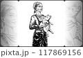 Pretty farmer woman holding happy baby pig in arms. Girl takes care of a piglet. Agricultural pig breeding and farming. Vector hand drawn retro illustration in the hatched engraved ink line art style 117869156