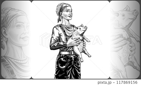 Pretty farmer woman holding happy baby pig in arms. Girl takes care of a piglet. Agricultural pig breeding and farming. Vector hand drawn retro illustration in the hatched engraved ink line art style 117869156
