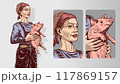 Cute country girl is a pig farm worker. A female farmer holding a piglet in hands. Breeding and care of animals in agriculture. Retro vintage vector illustration in the colored hatched engraving style 117869157