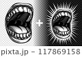 Wide gaping open shouting mouth in black and white retro graphic. Singing or loudly screaming mouth. Trendy provocative defiant vector design in styles of vintage, engraving, linocut, ink, line art. 117869158