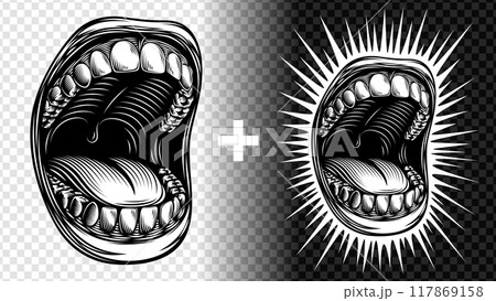 Wide gaping open shouting mouth in black and white retro graphic. Singing or loudly screaming mouth. Trendy provocative defiant vector design in styles of vintage, engraving, linocut, ink, line art. 117869158