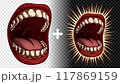 Open mouth. Color vector illustration in retro modern comic graphics style. Design on radial explosion background - for t-shirt, sticker, emblem, banner. Punk Rock symbol of boldness and rebellion. 117869159