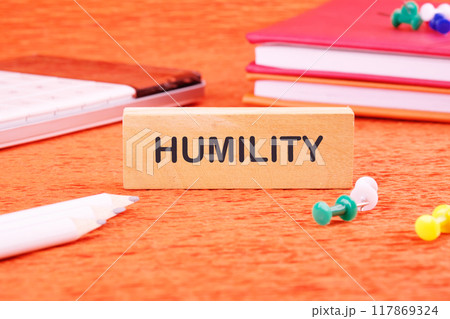 Lifestyle concept. HUMILITY word on a wooden bar in front of an orange background, front view 117869324