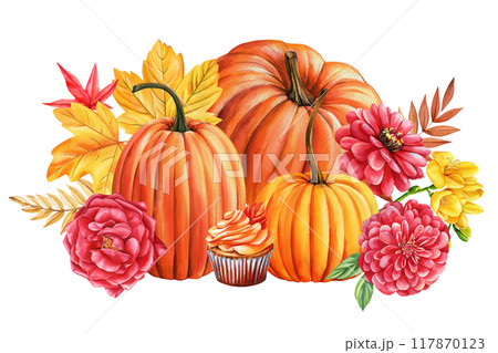 Pumpkin, flowers, leaves isolated white background, watercolor botanical illustration hand drawing autumn poster, card 117870123