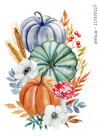 Colored pumpkin, flower, leaves isolated background, watercolor botanical illustration hand drawing autumn poster design 117870127