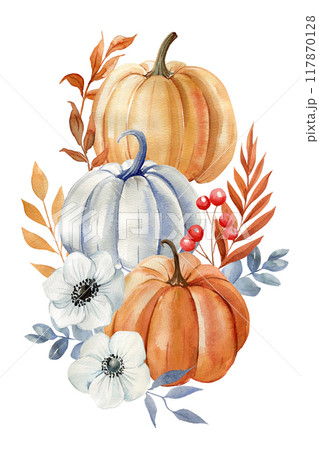Pumpkin, flowers, leaves isolated white background, watercolor botanical illustration hand drawing autumn poster, card 117870128