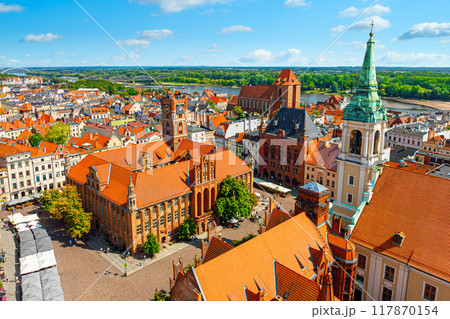 Aerial panoramic view of historical buildings and roofs in Polish medieval town Torun 117870154