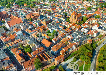 Aerial panoramic view of historical buildings and roofs in Polish medieval town Torun 117870155