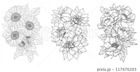 ガーベラ、ダリア、シャクヤクの美しい花の塗り絵。 117870203