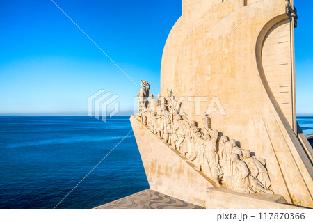 Monument to Discoveries or Padrao dos Descobrimentos to Age of Exploration shaped as ship with statues of Prince Henry the Navigator and great people of Portuguese seafarers history, Lisbon, Portugal 117870366