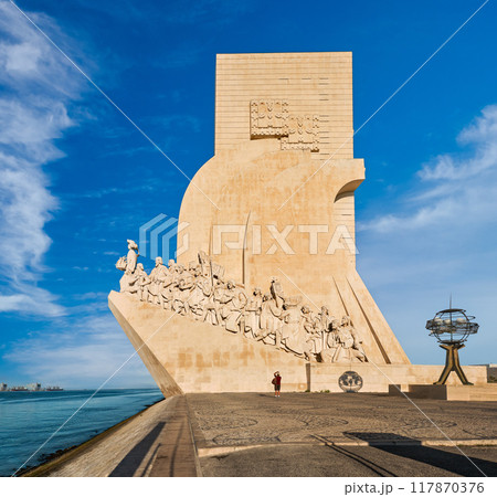 Monument to Discoveries or Padrao dos Descobrimentos to Age of Exploration, shaped as ship woth statues of Prince Henry the Navigator and great people of Portuguese seafarers history, Lisbon, Portugal Monument to Discoveries or Padrao dos Descobrimentos to Age of Exploration, shaped as ship woth statues of Prince Henry the Navigator and great people of Portuguese seafarers history, Lisbon, Portugal 117870376