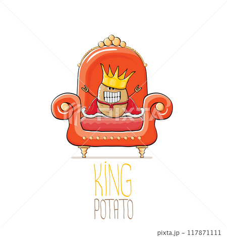 vector funny cartoon cute brown smiling king potato with golden royal crown and red mantle or cape sitting on orange throne isolated on white background. vegetable funky food drawn character 117871111