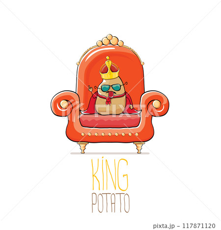 vector funny cartoon cute brown smiling king potato with golden royal crown and red mantle or cape sitting on orange throne isolated on white background. vegetable funky food drawn character vector funny cartoon cute brown smiling king potato with golden royal crown and red mantle or cape sitting on orange throne isolated on white background. vegetable funky food drawn character 117871120