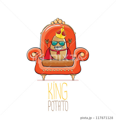 vector funny cartoon cute brown smiling king potato with golden royal crown and red mantle or cape sitting on orange throne isolated on white background. vegetable funky food drawn character vector funny cartoon cute brown smiling king potato with golden royal crown and red mantle or cape sitting on orange throne isolated on white background. vegetable funky food drawn character 117871128