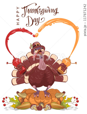 Happy thanksgiving day greeting card turkey standing on yellow ripe pumpkin making heart shape ketchup mustard fireworks 117871242