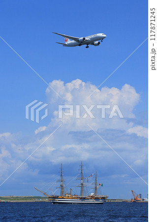 帆船の上空を飛ぶ旅客機　東京湾に入港する帆船と上空の旅客機 117871245