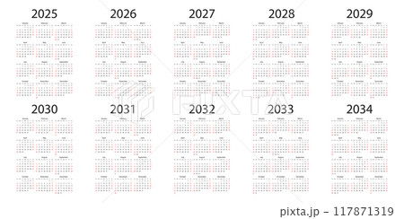 Calendar grids from 2025 to 2034 icon in flat style. Planner vector illustration on isolated background. Calender sign business concept. Calendar grids from 2025 to 2034 icon in flat style. Planner vector illustration on isolated background. Calender sign business concept. 117871319