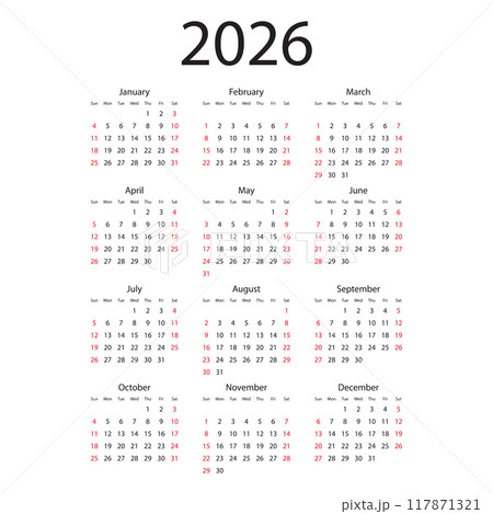 Calendar 2026 year icon in flat style. Planner vector illustration on isolated background. Calender sign business concept. 117871321