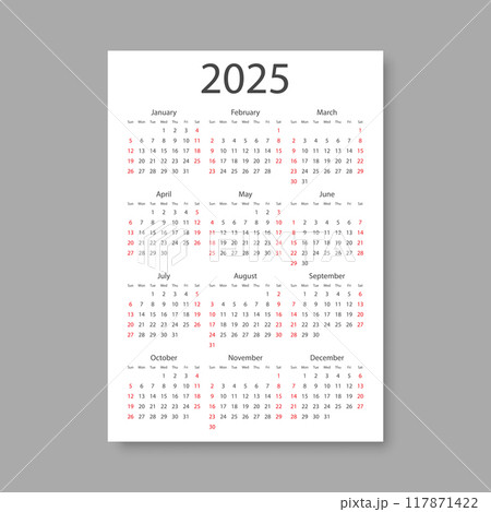 Calendar 2025 year icon in flat style. Planner vector illustration on isolated background. Calender sign business concept. Calendar 2025 year icon in flat style. Planner vector illustration on isolated background. Calender sign business concept. 117871422