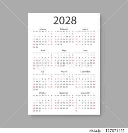 Calendar 2028 year icon in flat style. Planner vector illustration on isolated background. Calender sign business concept. 117871425